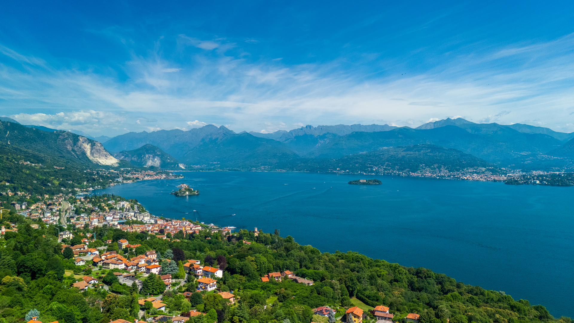 Sunset over Lake Maggiore with elegant villa